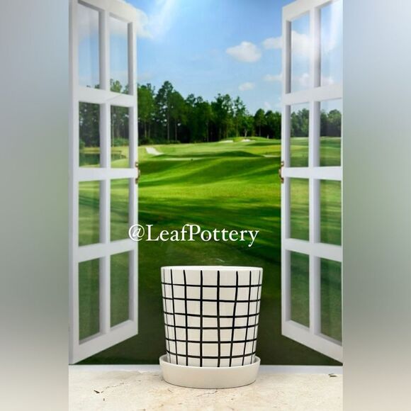 Ginger White/Black Ceramic Planter Pot with Saucer Attached - Picture 1 of 9